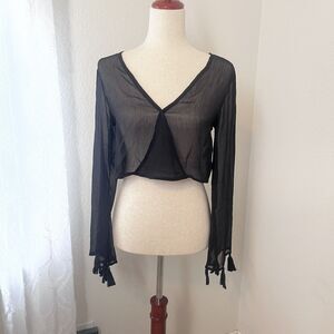 NWT Boohoo Womens Sheer Top Women Medium Beach Coverup Tasseled Boho Y2k Cropped